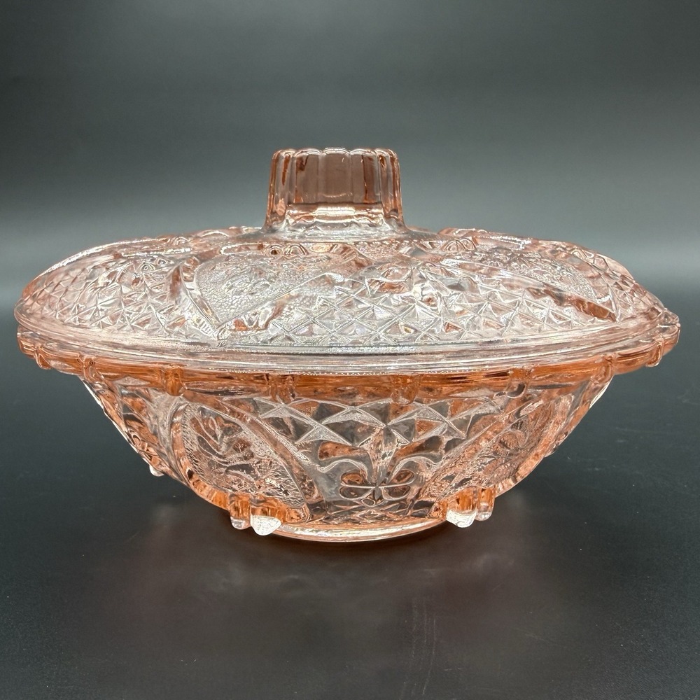 Vintage KIG Pink Depression Glass Covered Candy Dish Roses Hearts Fleur-De-Lis